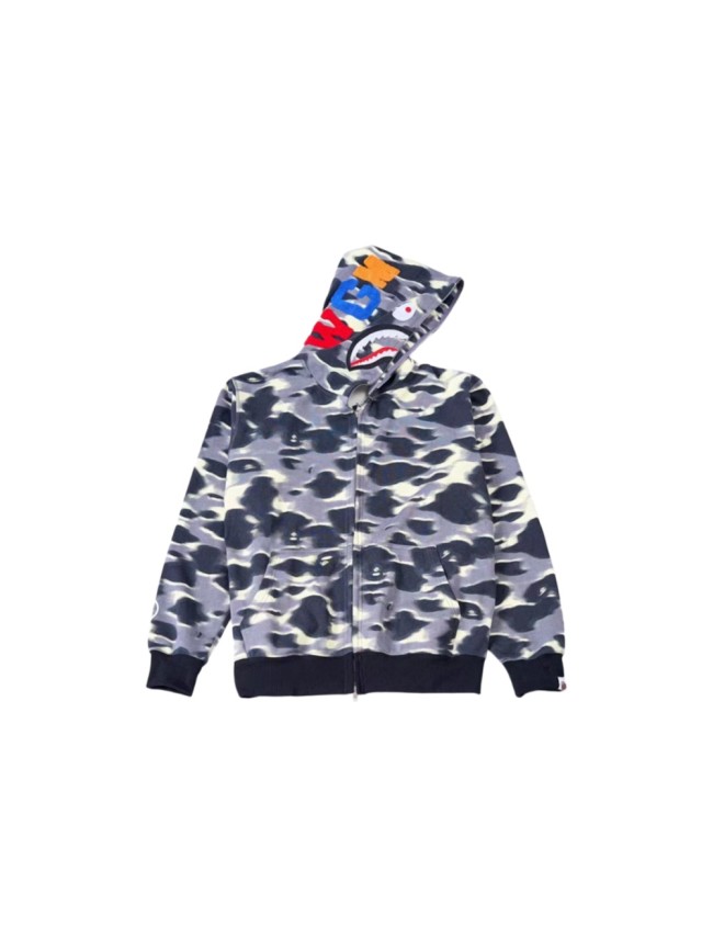 A Bathing ApeGrey Black Camo Allover Print Hood Shark Mouth Chenille Letter Graphic Zip Up Hoodie 29396367