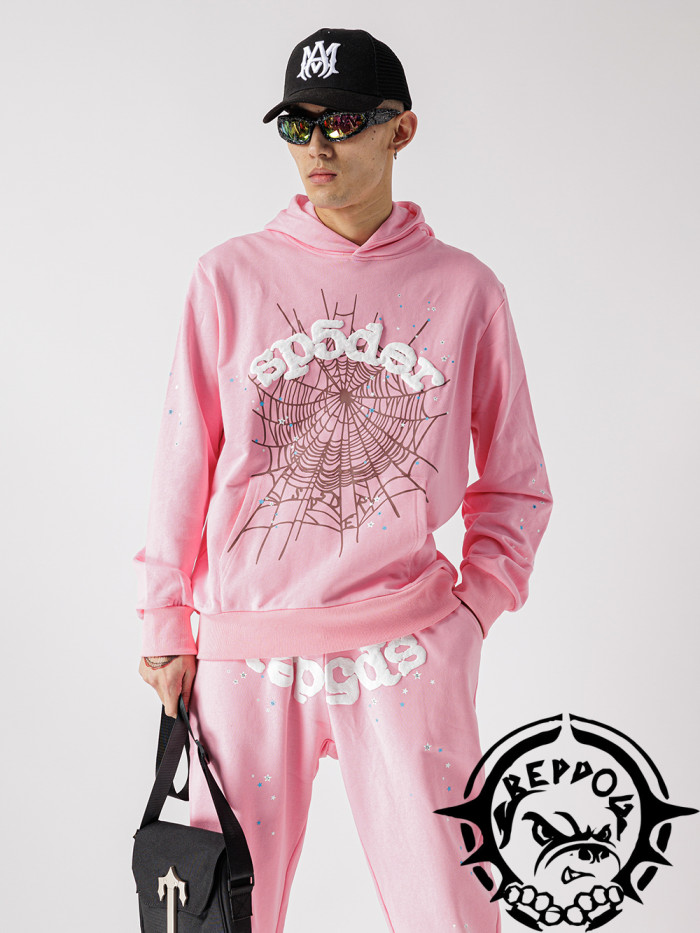 [50% Off]Sp5der Trendy Pink Shiny Rhinestone Spider Web Hoodie 25313128