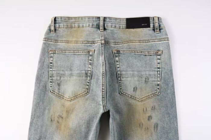 Amiri 1:1 quality version Yellow Mud Wash Multi Ripped Black Strip Inner Slim Tapered Denim Jeans 29401415