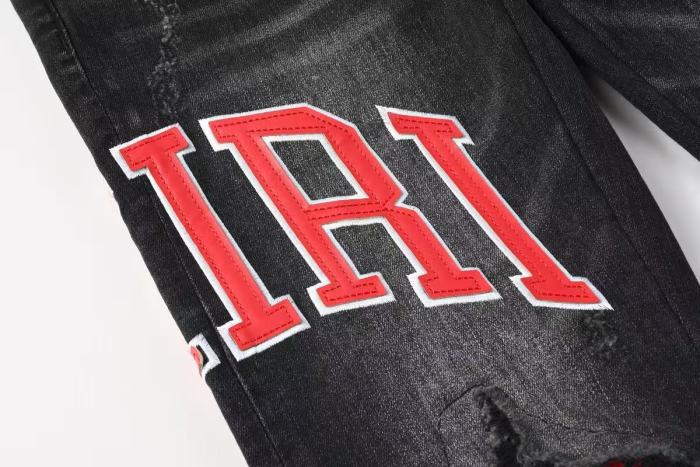 Amiri MX1 1:1 quality version Red Letter Patchwork Ripped Red Striped Inner Slim Fit Denim Jeans 29401411