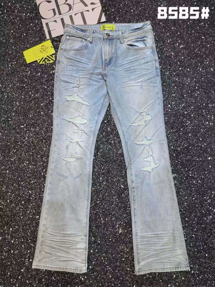 Guapi 1:1 quality version Light Blue Wash Multi Frayed Ripped Crinkle Distressed Flared Denim Jeans 29401464