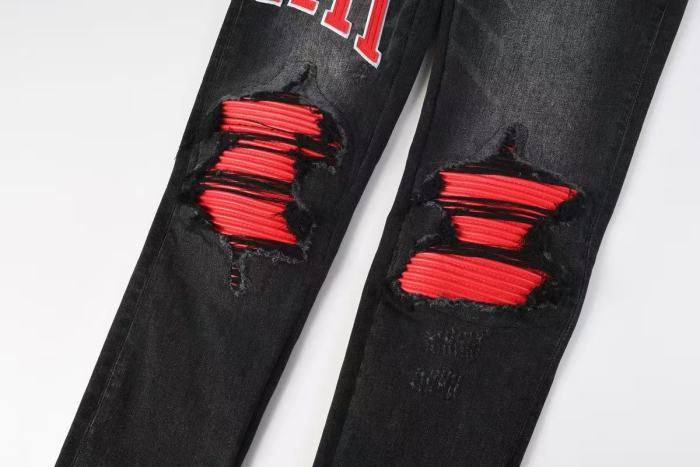 Amiri MX1 1:1 quality version Red Letter Patchwork Ripped Red Striped Inner Slim Fit Denim Jeans 29401411