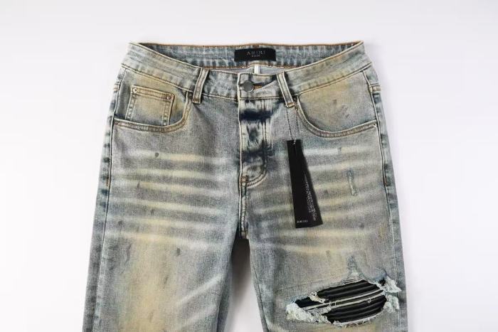 Amiri 1:1 quality version Yellow Mud Wash Multi Ripped Black Strip Inner Slim Tapered Denim Jeans 29401415