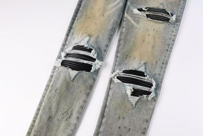 Amiri 1:1 quality version Yellow Mud Wash Multi Ripped Black Strip Inner Slim Tapered Denim Jeans 29401415