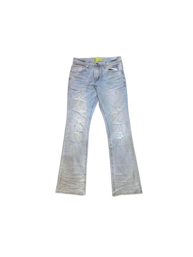 Guapi 1:1 quality version Light Blue Wash Multi Frayed Ripped Crinkle Distressed Flared Denim Jeans 29401464
