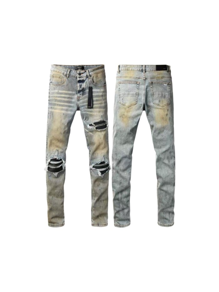Amiri 1:1 quality version Yellow Mud Wash Multi Ripped Black Strip Inner Slim Tapered Denim Jeans 29401415
