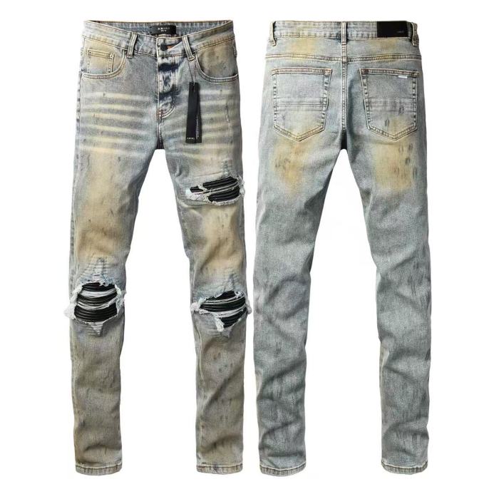 Amiri 1:1 quality version Yellow Mud Wash Multi Ripped Black Strip Inner Slim Tapered Denim Jeans 29401415