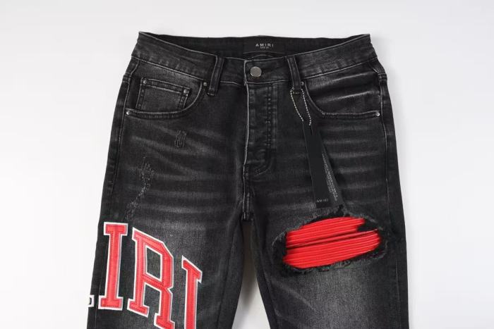 Amiri MX1 1:1 quality version Red Letter Patchwork Ripped Red Striped Inner Slim Fit Denim Jeans 29401411