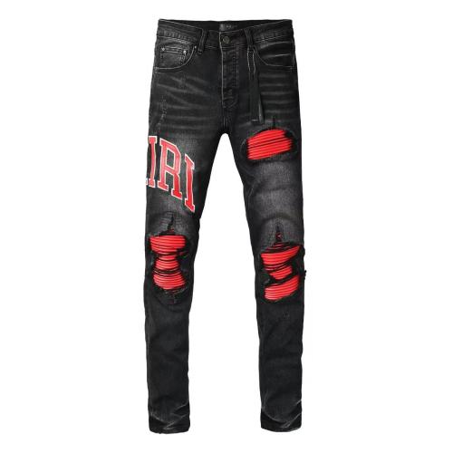 Amiri MX1 1:1 quality version Red Letter Patchwork Ripped Red Striped Inner Slim Fit Denim Jeans 29401411