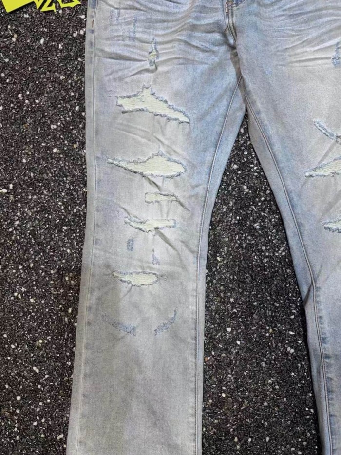 Guapi 1:1 quality version Light Blue Wash Multi Frayed Ripped Crinkle Distressed Flared Denim Jeans 29401464