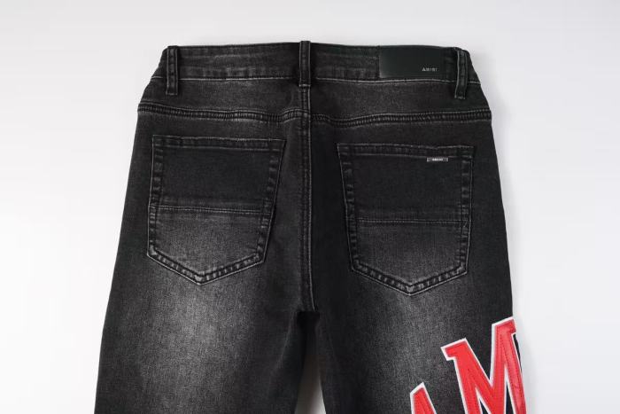 Amiri MX1 1:1 quality version Red Letter Patchwork Ripped Red Striped Inner Slim Fit Denim Jeans 29401411