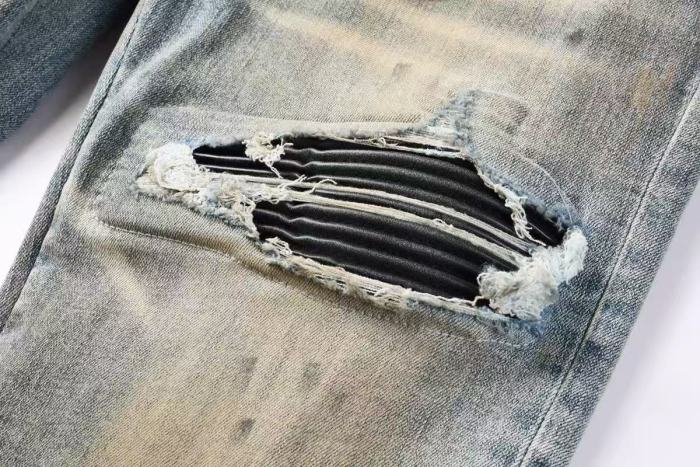 Amiri 1:1 quality version Yellow Mud Wash Multi Ripped Black Strip Inner Slim Tapered Denim Jeans 29401415