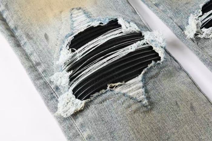 Amiri 1:1 quality version Yellow Mud Wash Multi Ripped Black Strip Inner Slim Tapered Denim Jeans 29401415