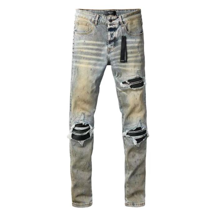 Amiri 1:1 quality version Yellow Mud Wash Multi Ripped Black Strip Inner Slim Tapered Denim Jeans 29401415