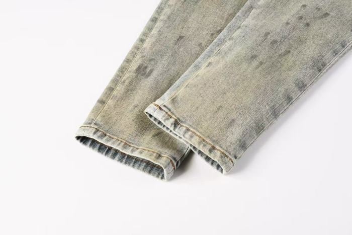 Amiri 1:1 quality version Yellow Mud Wash Multi Ripped Black Strip Inner Slim Tapered Denim Jeans 29401415