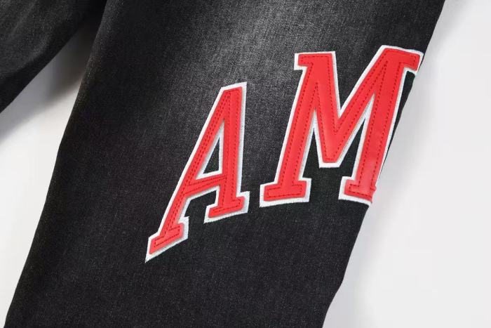 Amiri MX1 1:1 quality version Red Letter Patchwork Ripped Red Striped Inner Slim Fit Denim Jeans 29401411