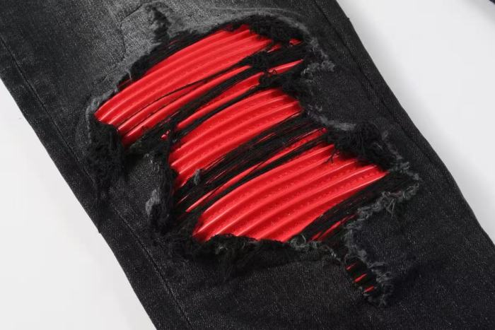 Amiri MX1 1:1 quality version Red Letter Patchwork Ripped Red Striped Inner Slim Fit Denim Jeans 29401411