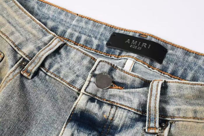 Amiri 1:1 quality version Yellow Mud Wash Multi Ripped Black Strip Inner Slim Tapered Denim Jeans 29401415