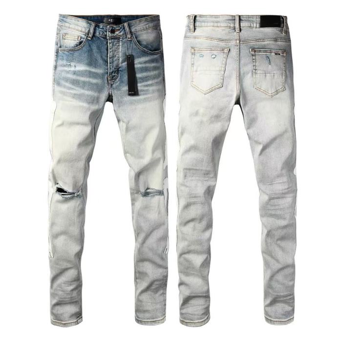 Amiri 1:1 quality version Gradient Light Washed Knee Ripped White Bone Patch Splicing Slim Skinny Jeans 29407928