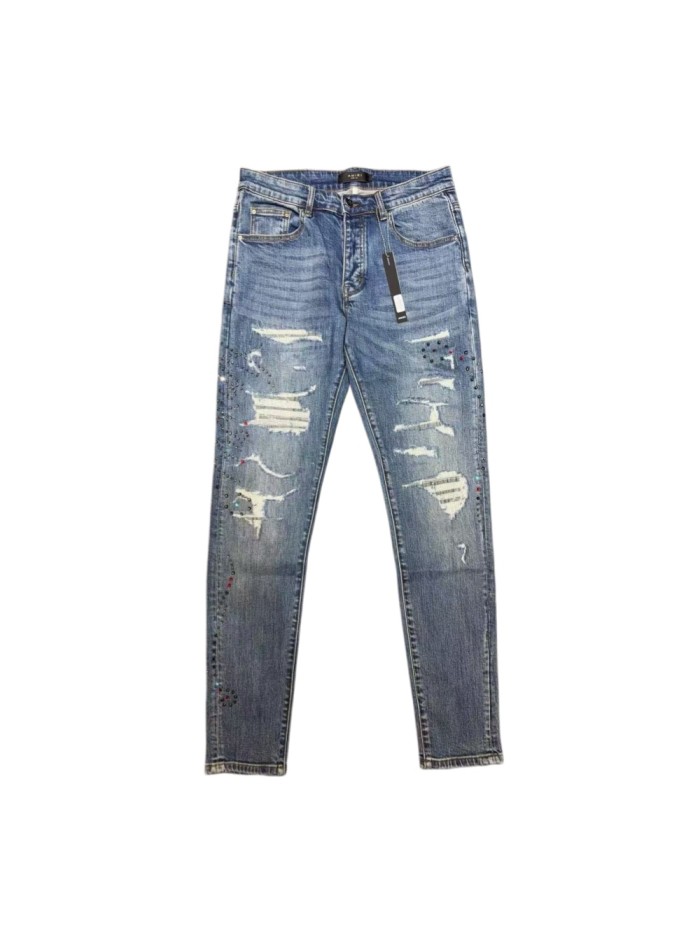 Amiri 1:1 quality version Multi Torn Frayed Edges Color Rhinestone Washed Slim Skinny Fit Jeans 29407937