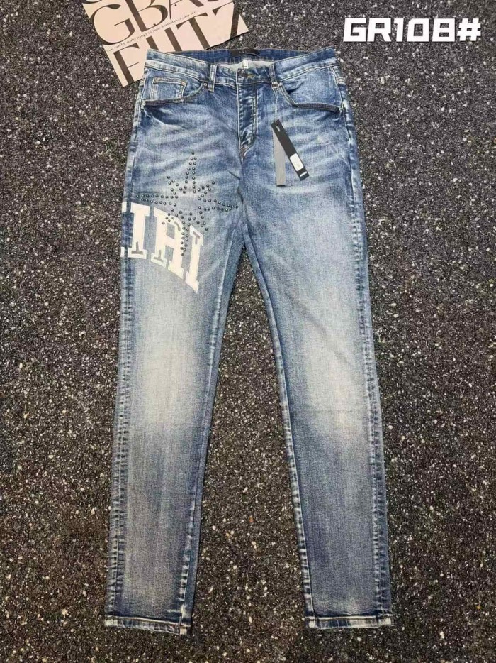 Amiri 1:1 quality version Gradient Washed White Letter Patch Black Rhinestone Star Slim Skinny Fit Jeans 29407974