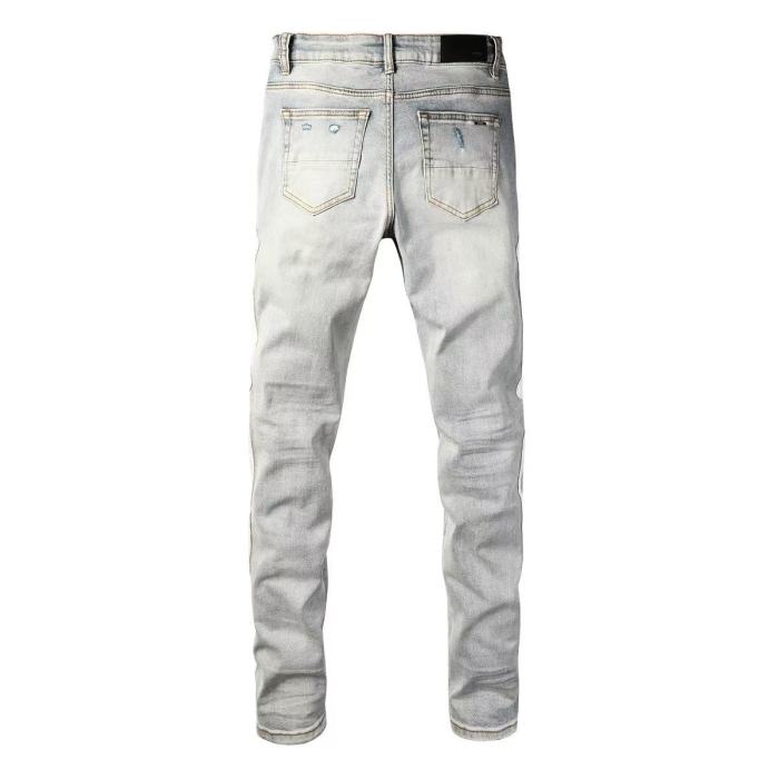 Amiri 1:1 quality version Gradient Light Washed Knee Ripped White Bone Patch Splicing Slim Skinny Jeans 29407928