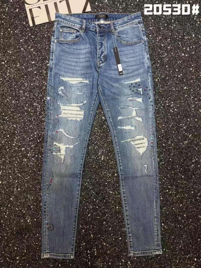 Amiri 1:1 quality version Multi Torn Frayed Edges Color Rhinestone Washed Slim Skinny Fit Jeans 29407937