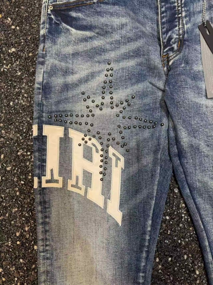 Amiri 1:1 quality version Gradient Washed White Letter Patch Black Rhinestone Star Slim Skinny Fit Jeans 29407974
