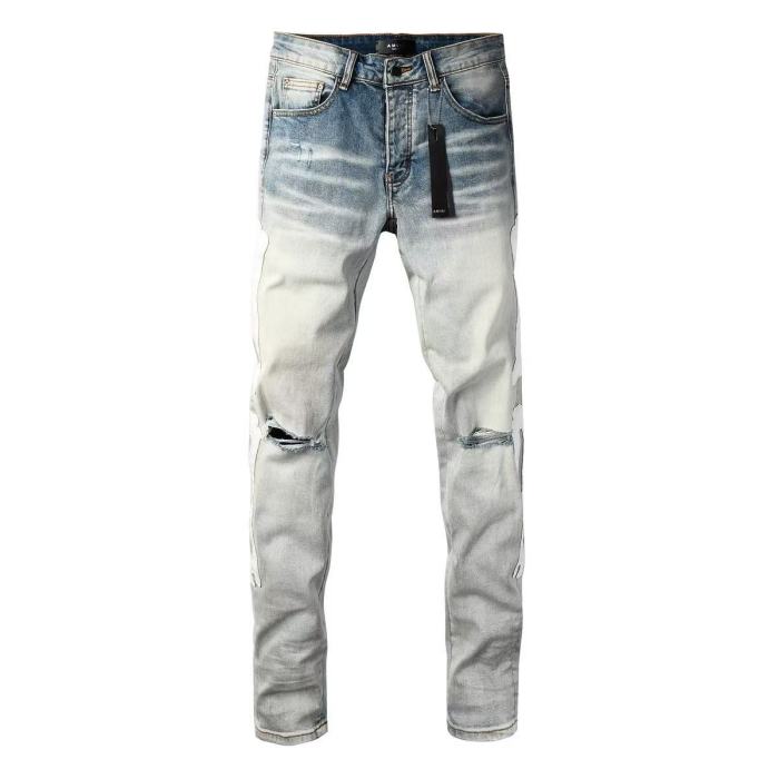 Amiri 1:1 quality version Gradient Light Washed Knee Ripped White Bone Patch Splicing Slim Skinny Jeans 29407928