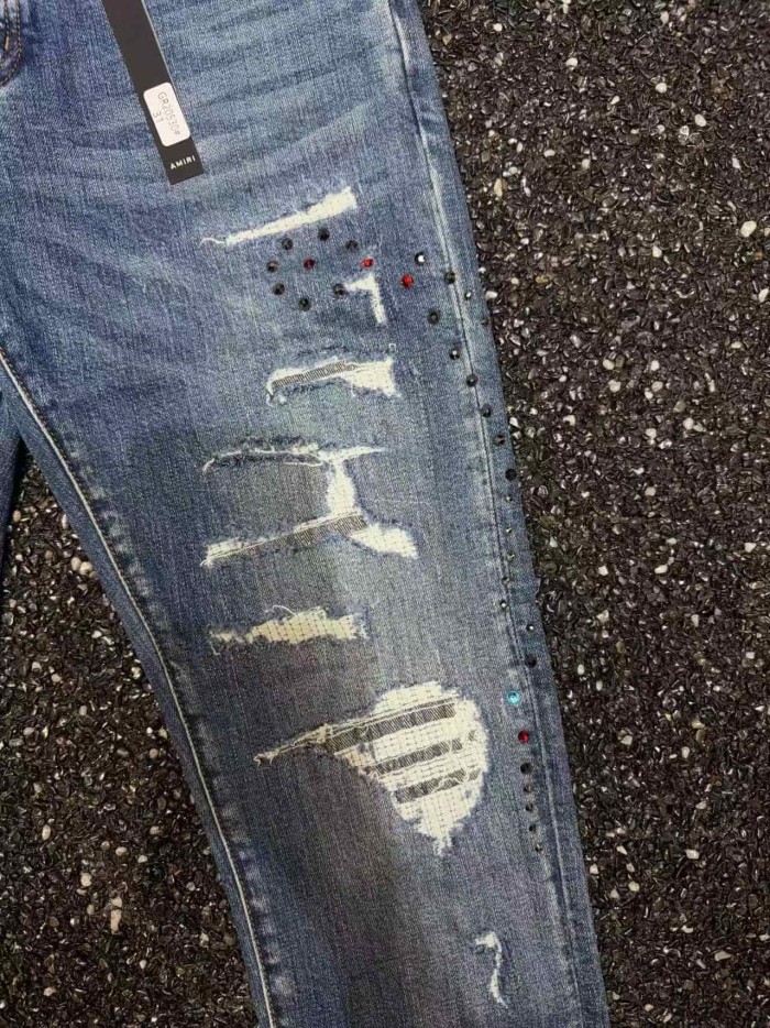 Amiri 1:1 quality version Multi Torn Frayed Edges Color Rhinestone Washed Slim Skinny Fit Jeans 29407937