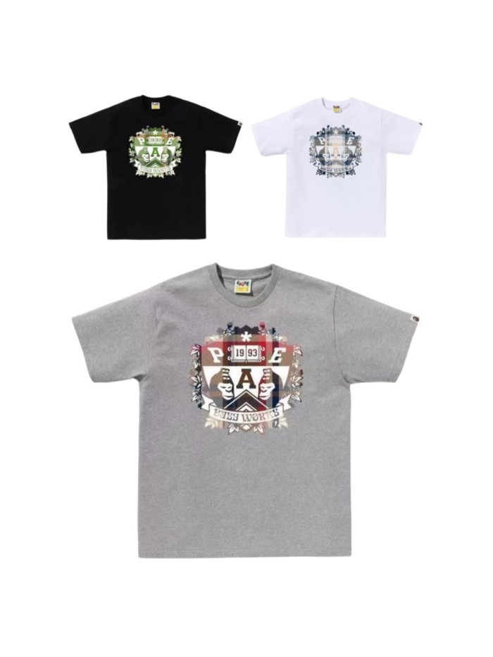 A Bathing Ape Chest Plaid Badge Ape Head 1993 Number Wreath Print Solid Color Tee 3 colors 29407624