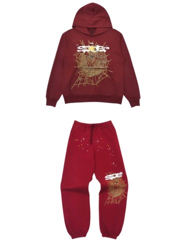 [50% Off]Sp5der 1:1 quality version Burgundy Starfish Spider Web Hoodie & pants set 25929138