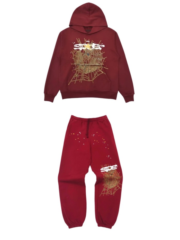 [50% Off]Sp5der 1:1 quality version Burgundy Starfish Spider Web Hoodie & pants set 25929138