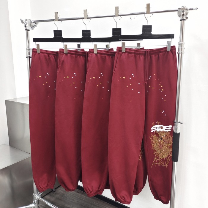 [50% Off]Sp5der 1:1 quality version Burgundy Starfish Spider Web Hoodie & pants set 25929138