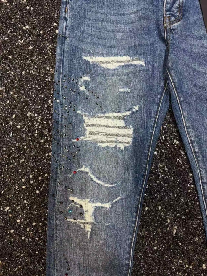 Amiri 1:1 quality version Multi Torn Frayed Edges Color Rhinestone Washed Slim Skinny Fit Jeans 29407937