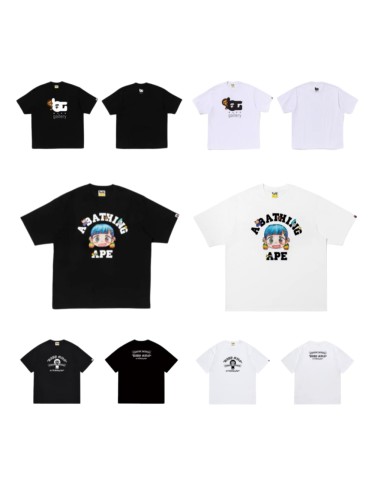 A Bathing Ape Chest Cartoon Character Curved Letter Print Solid Color Minimalist Tee 7 colors 29407606