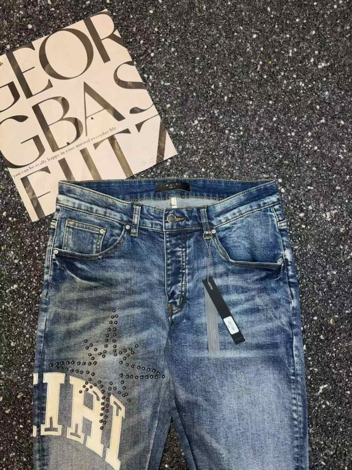 Amiri 1:1 quality version Gradient Washed White Letter Patch Black Rhinestone Star Slim Skinny Fit Jeans 29407974