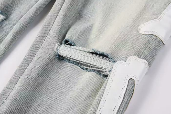 Amiri 1:1 quality version Gradient Light Washed Knee Ripped White Bone Patch Splicing Slim Skinny Jeans 29407928