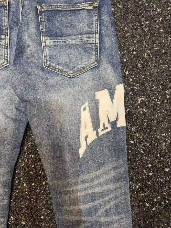 Amiri 1:1 quality version Gradient Washed White Letter Patch Black Rhinestone Star Slim Skinny Fit Jeans 29407974