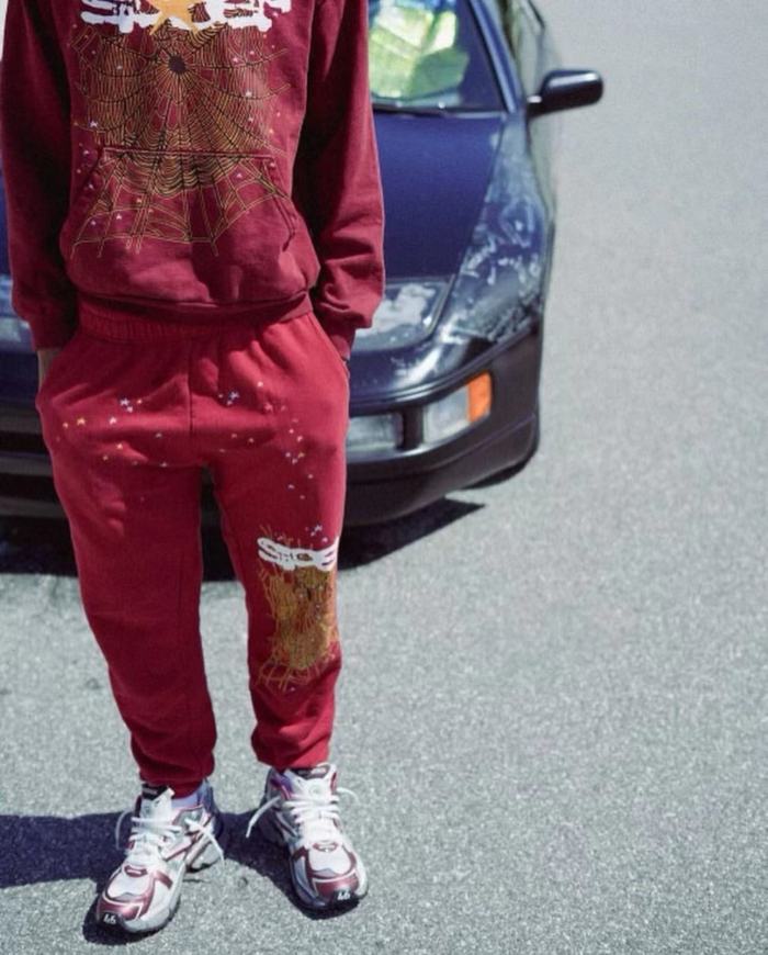 [50% Off]Sp5der 1:1 quality version Burgundy Starfish Spider Web Hoodie & pants set 25929138