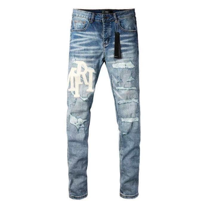 Amiri 1:1 quality version Side Seam White Letter Patch Embroidery Ripped Washed Slim Skinny Jeans 29407907