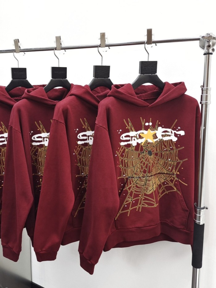 [50% Off]Sp5der 1:1 quality version Burgundy Starfish Spider Web Hoodie & pants set 25929138
