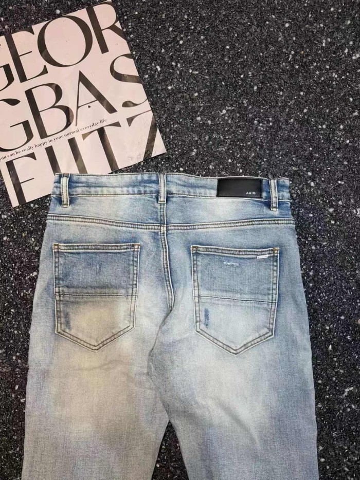 Amiri 1:1 quality version Washed Large Ripped Blue White Stripe Patch Fabric Slim Skinny Fit Jeans 29409486