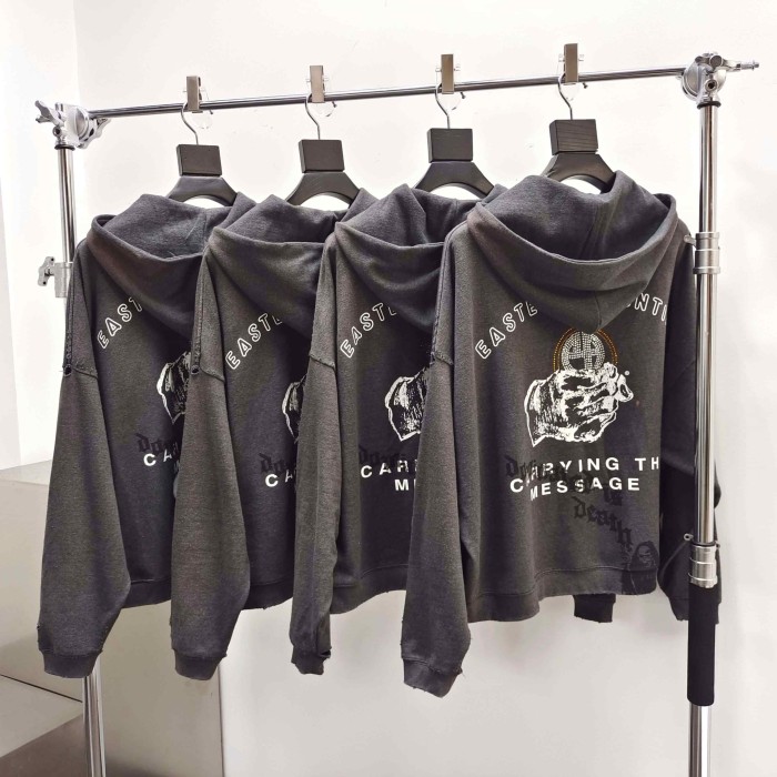 Paly Hollywood [Big & Tall for weights up to 220 lbs]1:1 quality version Reaper‑Graffiti‑Print Hand‑Slogan Washed Raw‑Edge Cropped Zip‑Up Hoodie 29409226