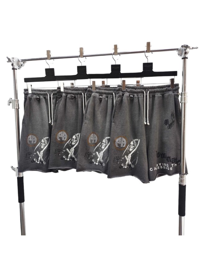 Paly Hollywood [Big & Tall for weights up to 220 lbs]1:1 quality version Reaper Sickle Graffiti Rhinestone Badge Washed Raw Edge Sweat Shorts 29409190