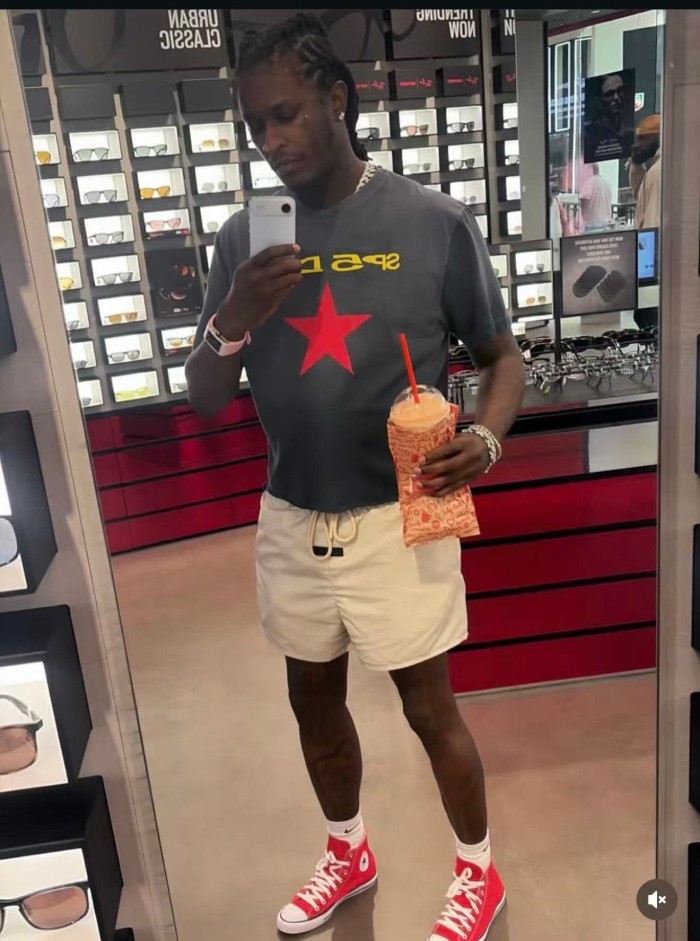 Sp5der [Big & Tall for weights up to 220 lbs]1:1 quality version Yellow Letter Big Red Star Print Washed Spray‑Dyed Tee 29409161