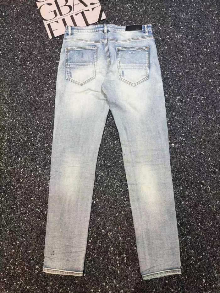 Amiri 1:1 quality version Washed Large Ripped Blue White Stripe Patch Fabric Slim Skinny Fit Jeans 29409486