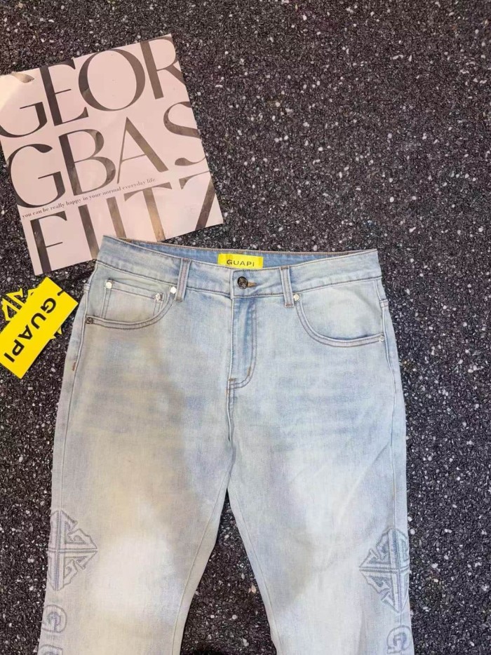 Guapi 1:1 quality version Light Washed Embossed Cross Badge Letter Subtle Print Flared Denim Jeans 29409506