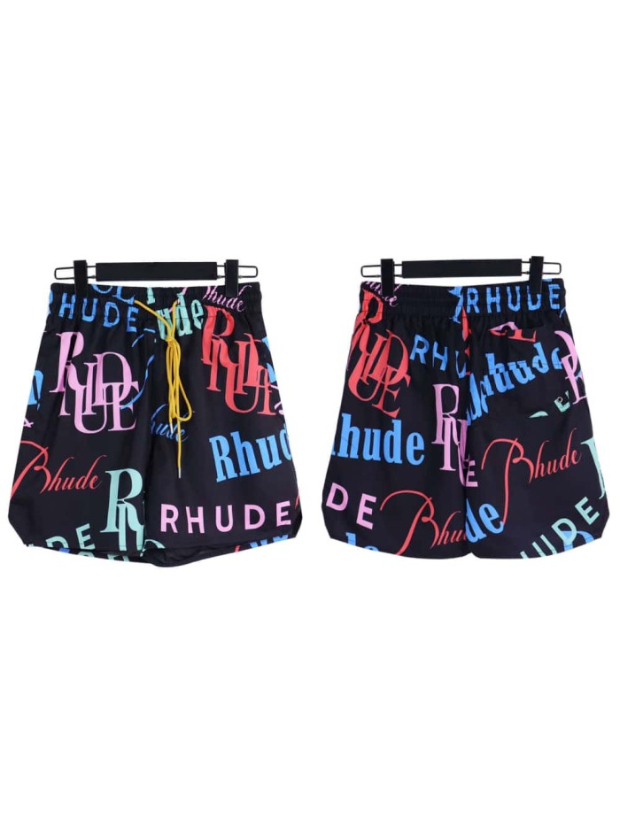 [50% Off]Rhude Printed all over with multiple colorful fonts logo drawstring shorts 2 colors 26263660