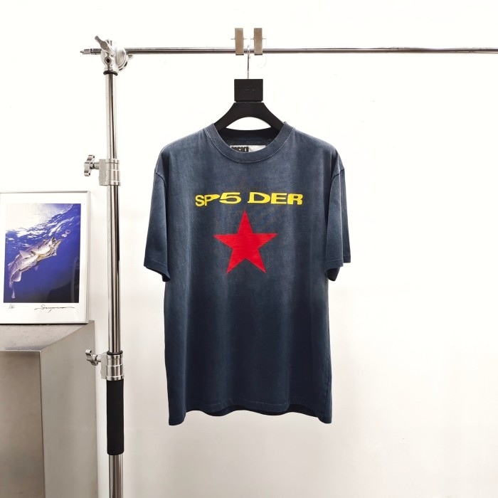 Sp5der [Big & Tall for weights up to 220 lbs]1:1 quality version Yellow Letter Big Red Star Print Washed Spray‑Dyed Tee 29409161